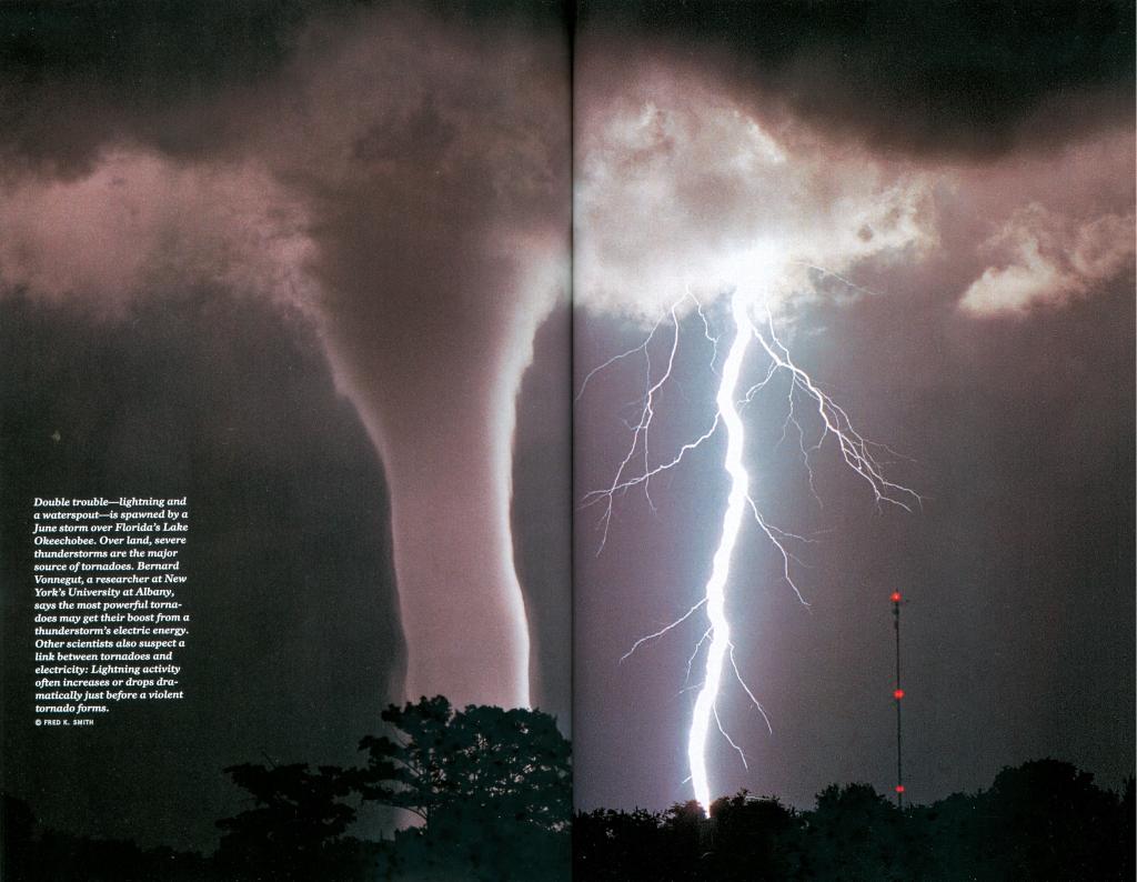 Two of nature's most menacing forces, a tornado and lightning