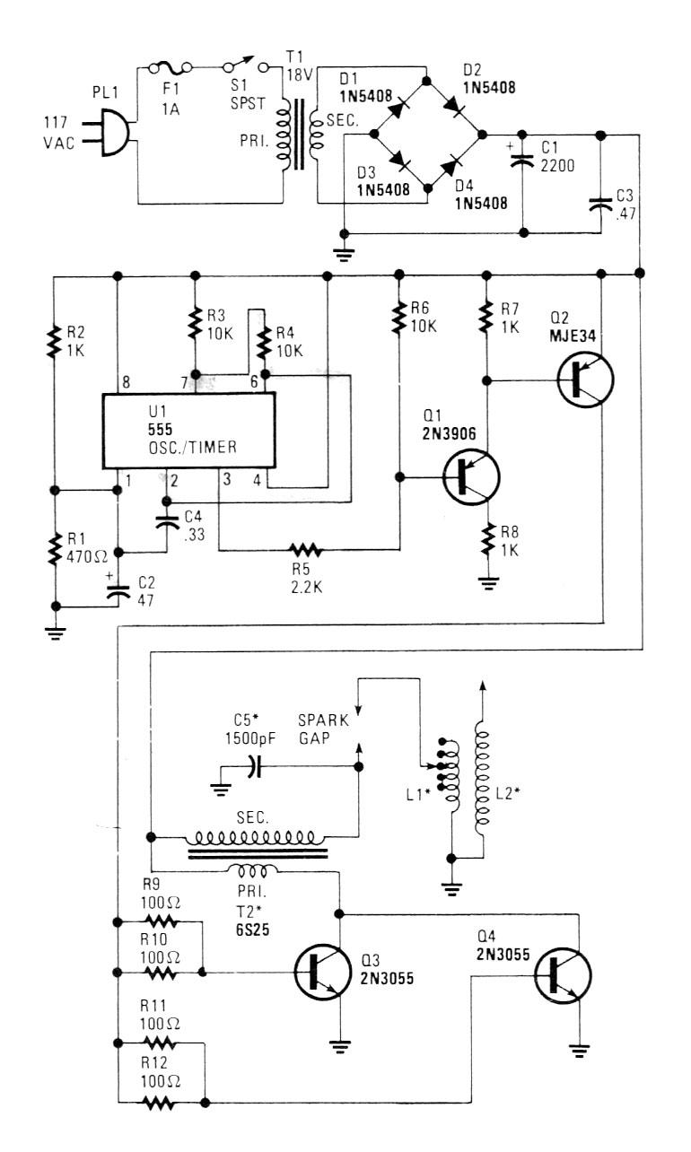 Solid state Tesla coil circuit schematic diagram.