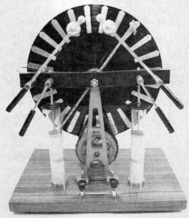 Completed Wimshurst machine showing details of energy storage.