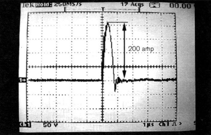 Scope trace showing 200 amp, 800 ns pulse.