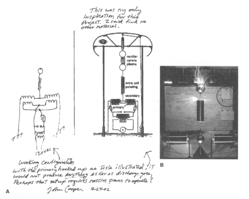 Tesla's original Wardenclyffe drawing vs. Cooper's setup