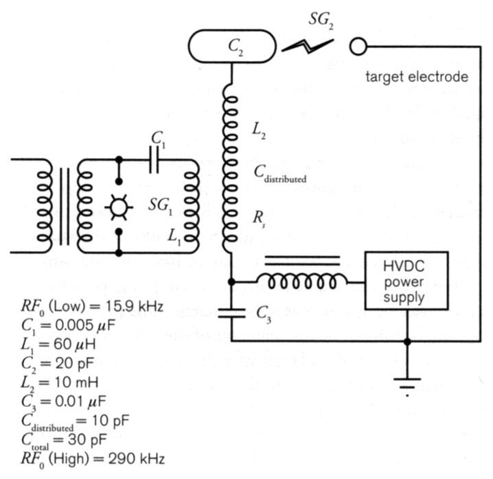 Schematic and component values for level-shifted Tesla coil.