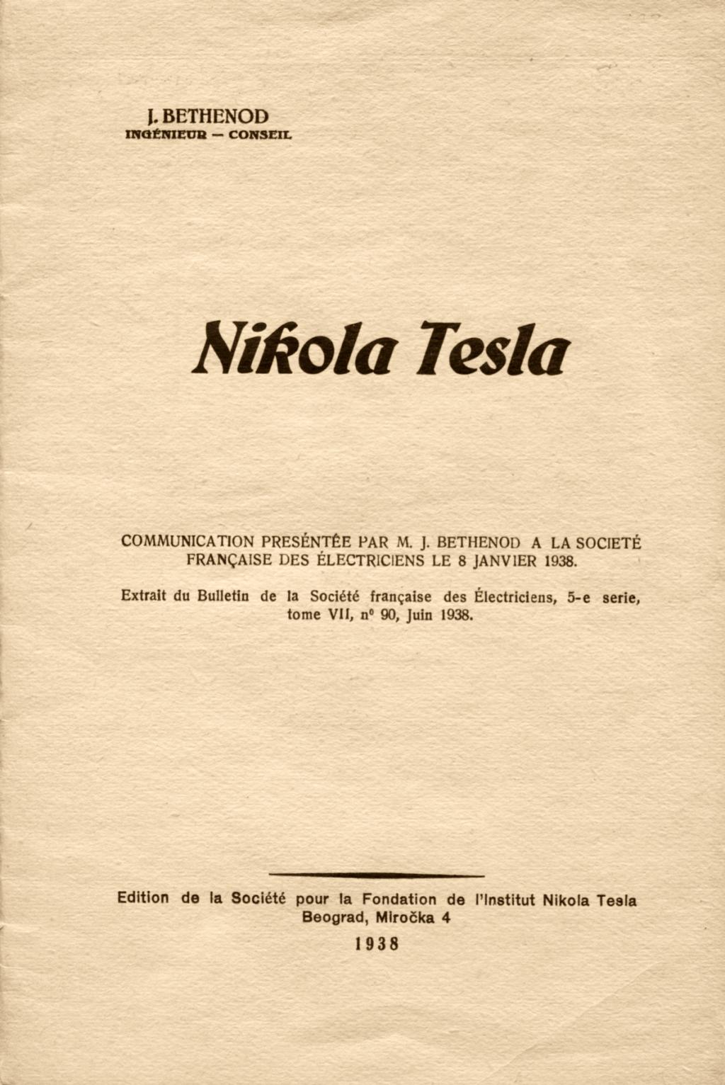 Nikola Tesla – Lecture by J. Bethenod before The French Society of Electricians (January 8, 1938) - Front cover