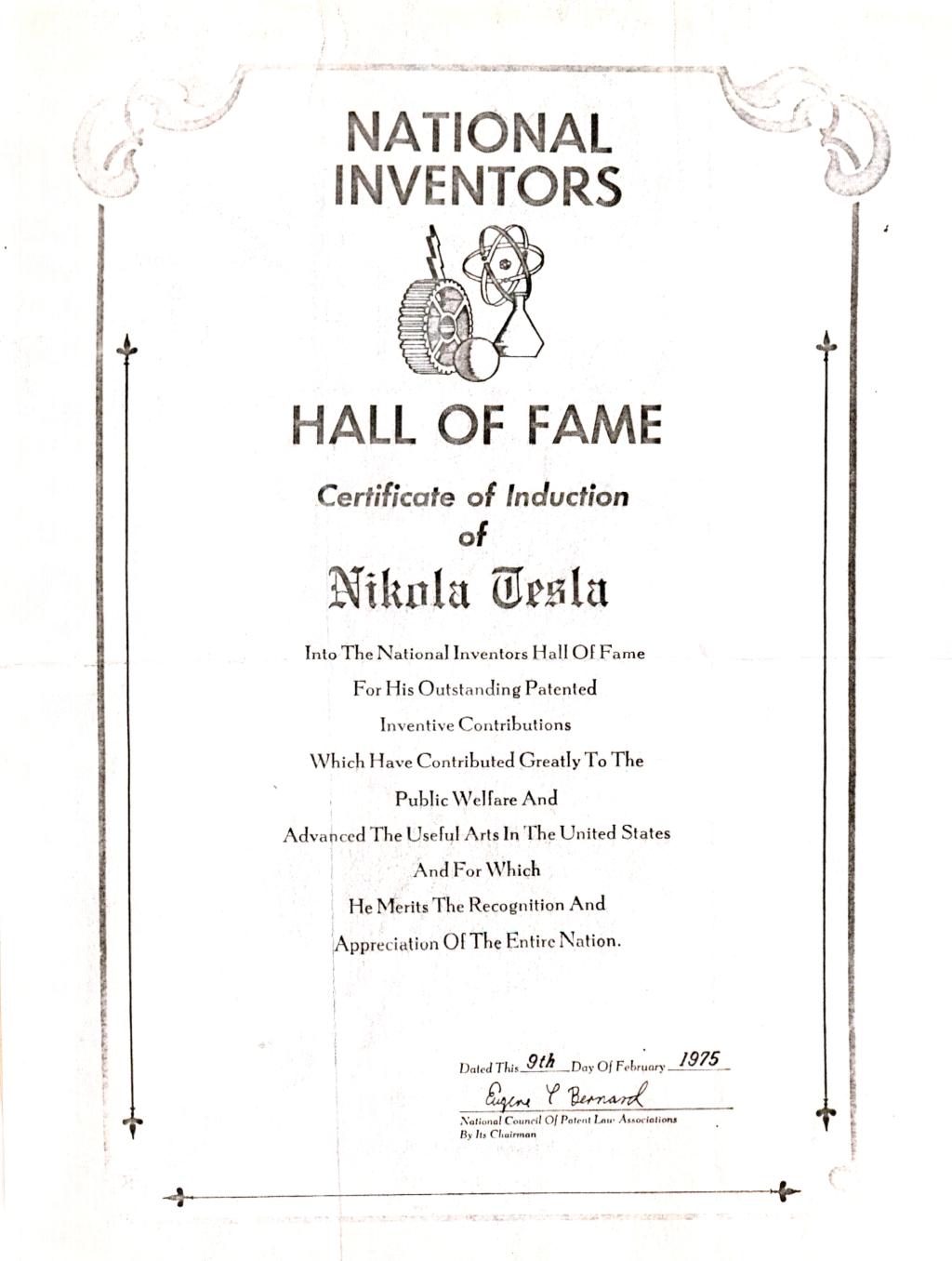 Nikola Tesla's Certificate of Induction Into the Inventors Hall of Fame