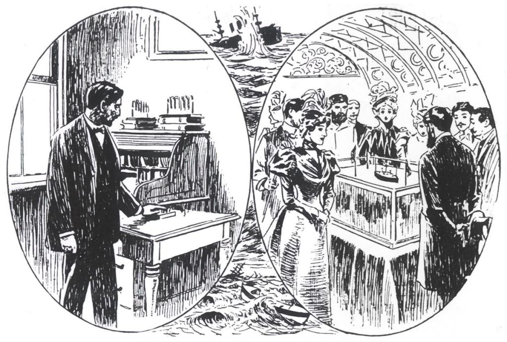Illustration of Nikola Tesla operating his remote-controlled boat