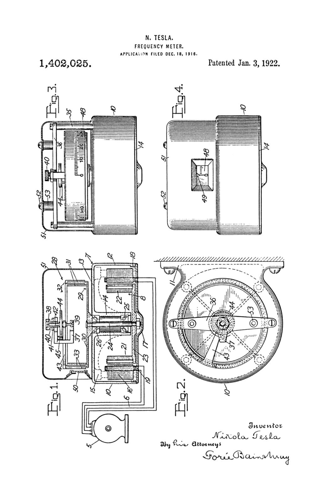 Nikola Tesla U.S. Patent 1,402,025 - Frequency-Meter - Image 1