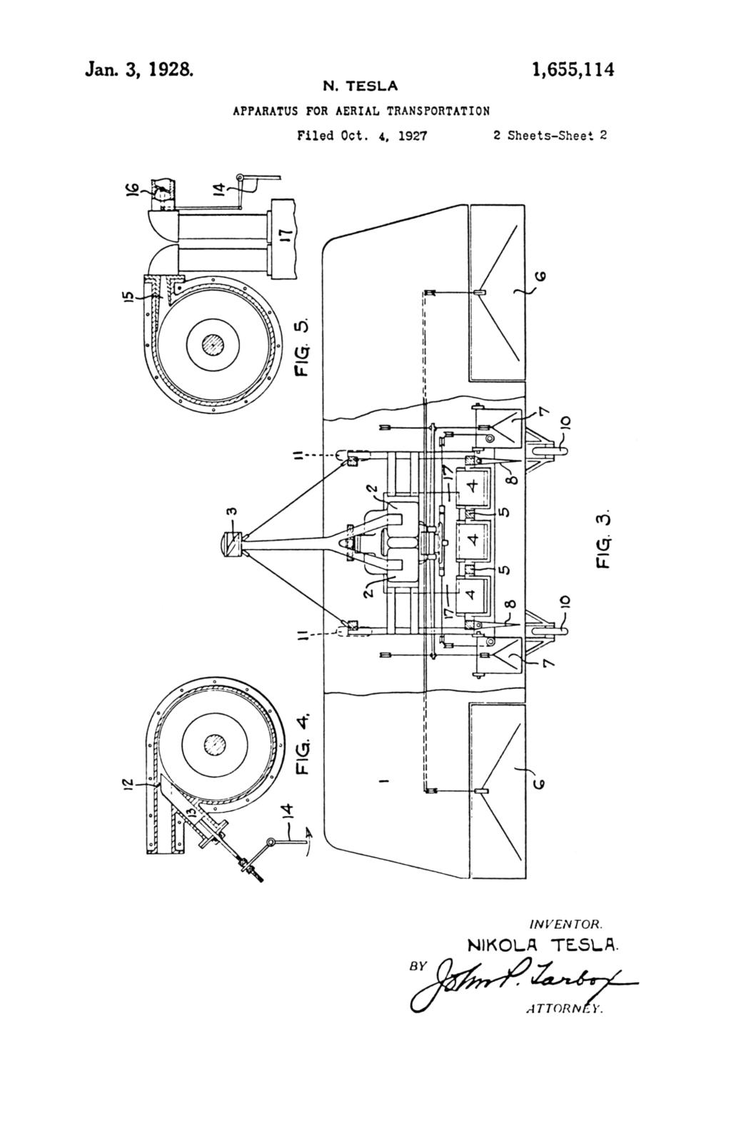 Nikola Tesla U.S. Patent 1,655,114 - Apparatus for Aerial Transportation - Image 2