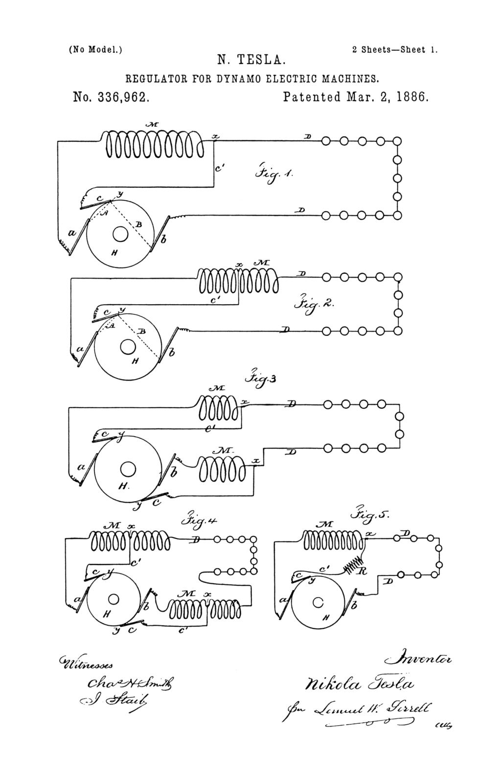 Nikola Tesla U.S. Patent 336,962 - Regulator for Dynamo-Electric Machines - Image 1