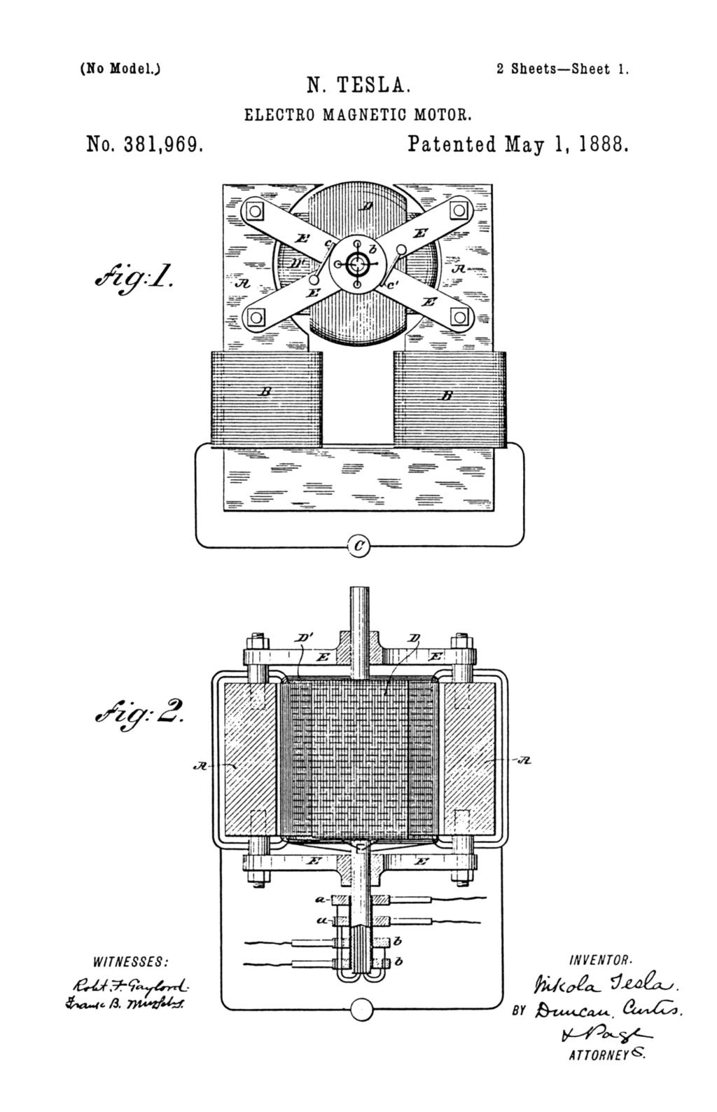 Nikola Tesla U.S. Patent 381,969 - Electro-Magnetic Motor - Image 1