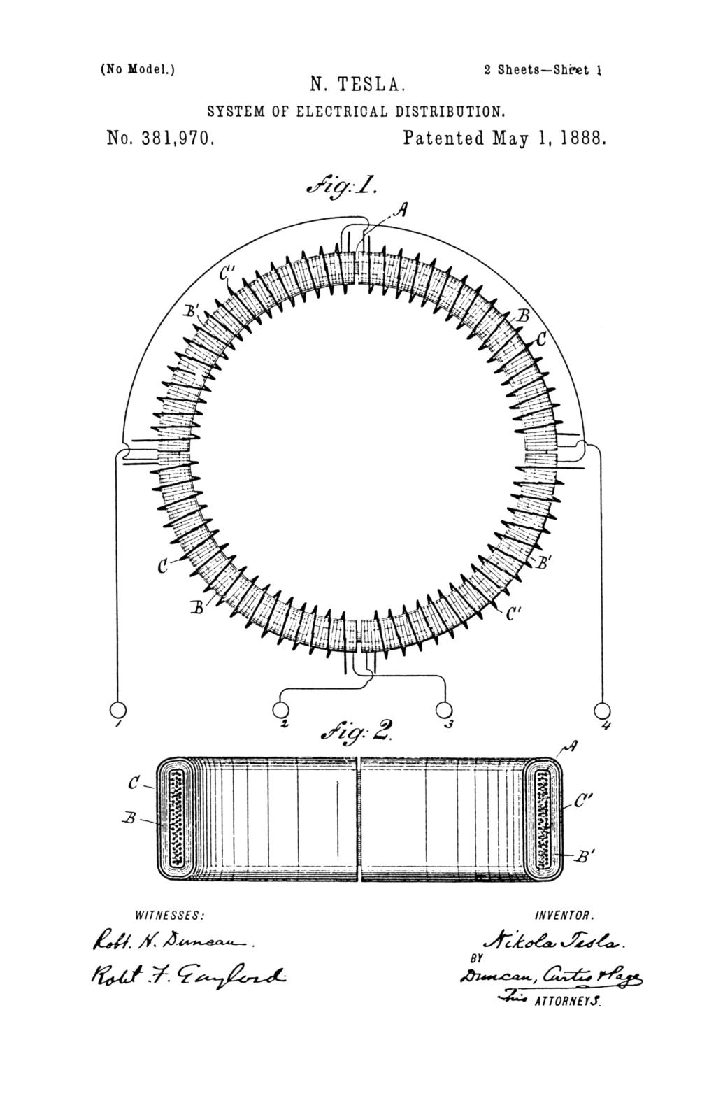 Nikola Tesla U.S. Patent 381,970 - System of Electrical Distribution - Image 1