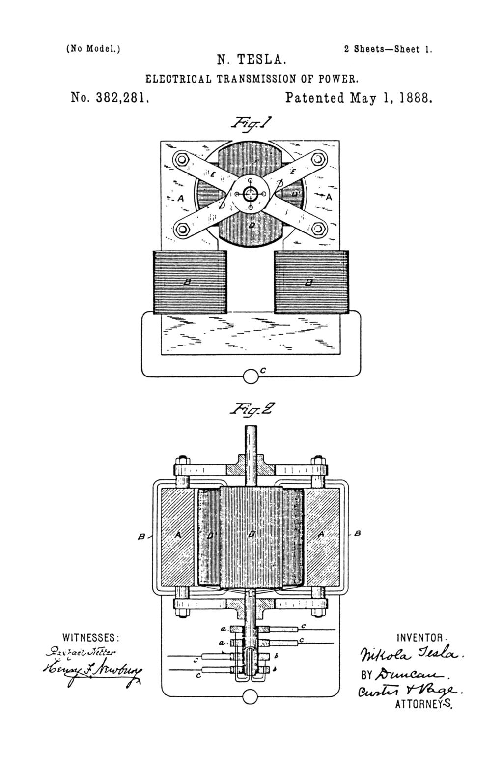 Nikola Tesla U.S. Patent 382,281 - Electrical Transmission of Power - Image 1