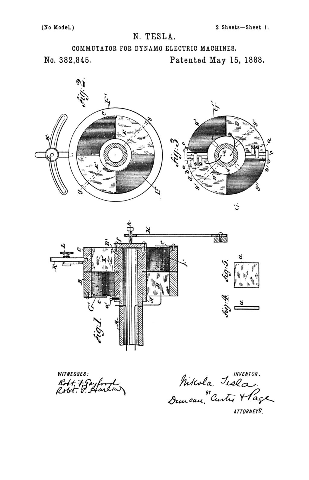Nikola Tesla U.S. Patent 382,845 - Commutator for Dynamo-Electric Machines - Image 1