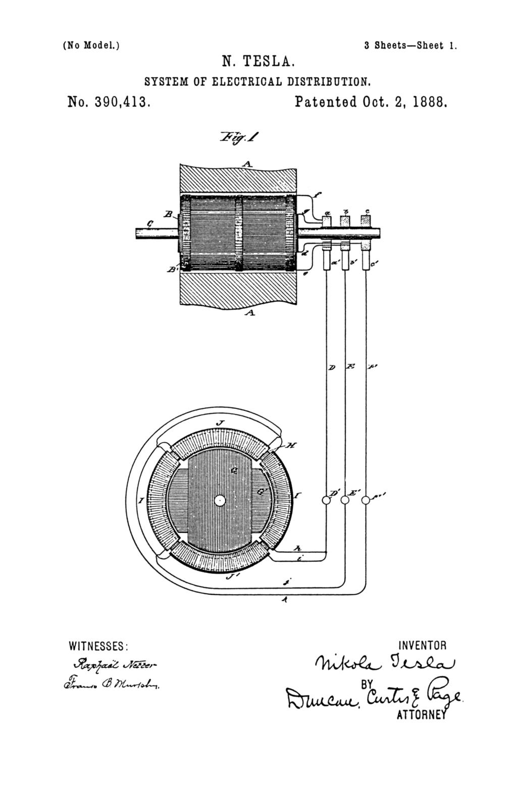 Nikola Tesla U.S. Patent 390,413 - System of Electrical Distribution - Image 1