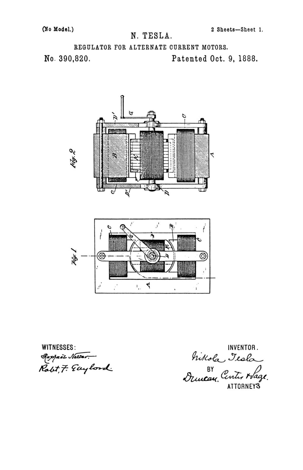 Nikola Tesla U.S. Patent 390,820 - Regulator for Alternate-Current Motors - Image 1