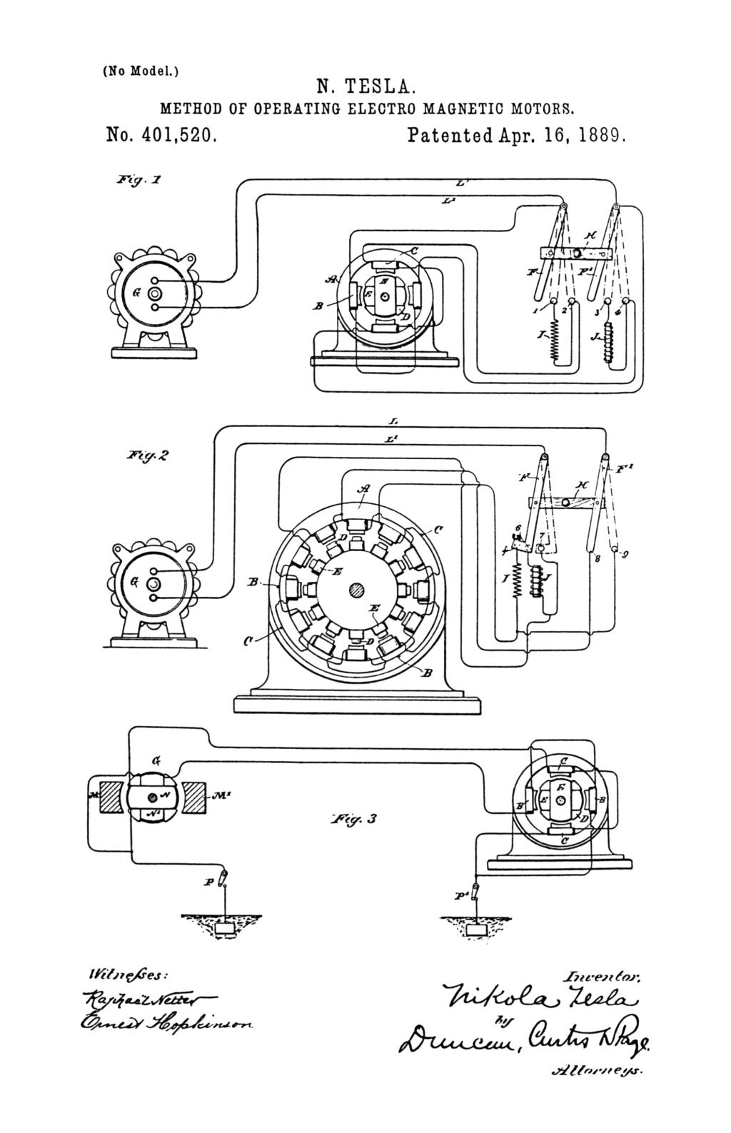 Nikola Tesla U.S. Patent 401,520 - Method of Operating Electro-Magnetic Motors - Image 1