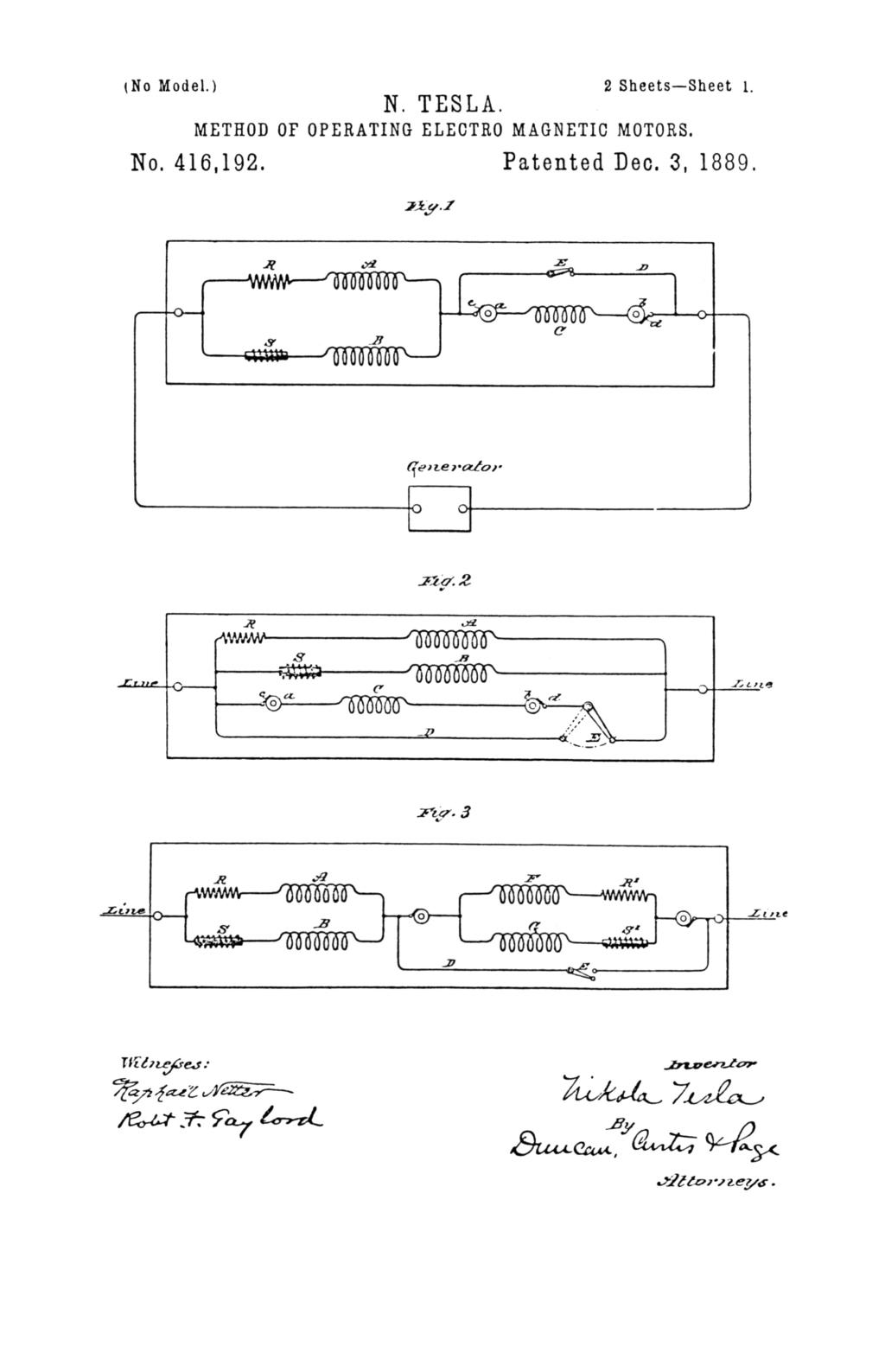Nikola Tesla U.S. Patent 416,192 - Method of Operating Electro-Magnetic Motors - Image 1