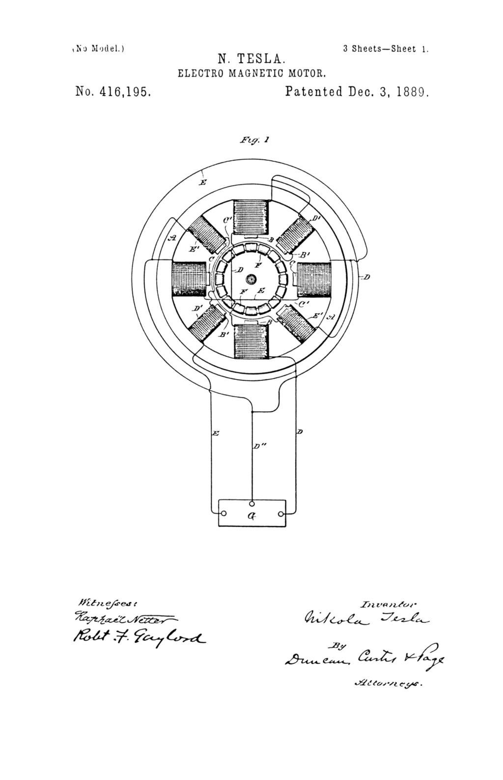 Nikola Tesla U.S. Patent 416,195 - Electro-Magnetic Motor - Image 1