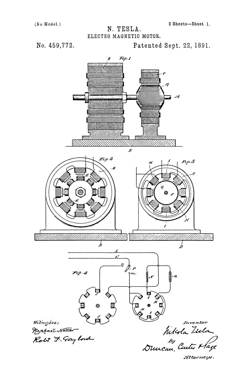 Nikola Tesla U.S. Patent 459,772 - Electro-Magnetic Motor - Image 1
