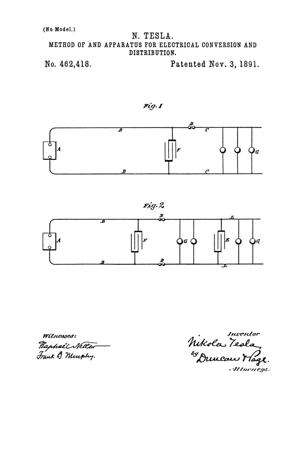 Nikola Tesla U.S. Patent 462,418 - Method of and Apparatus for Electrical Conversion and Distribution - Image 1