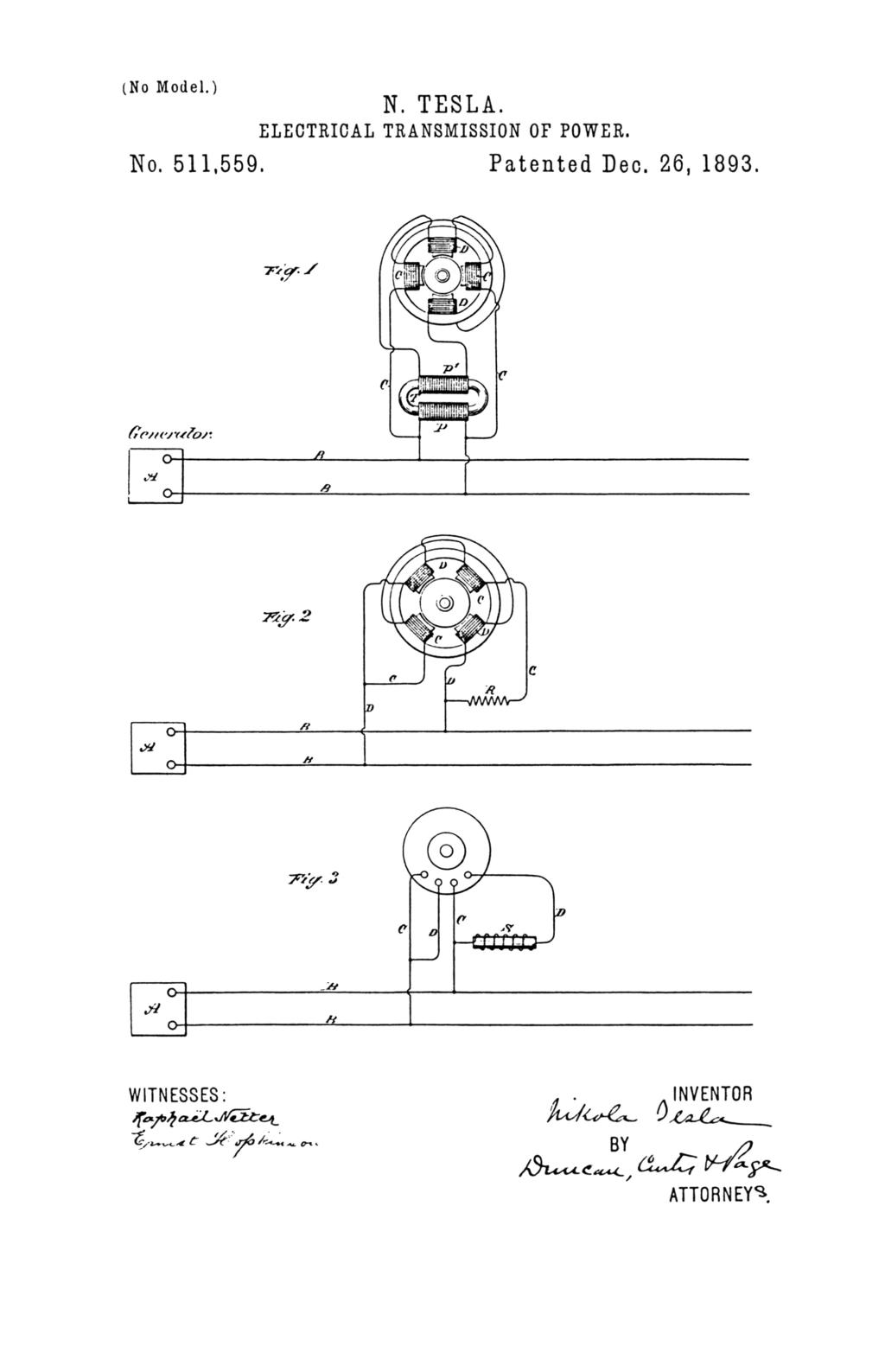 Nikola Tesla U.S. Patent 511,559 - Electrical Transmission of Power - Image 1