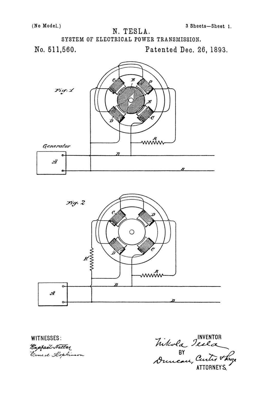 Nikola Tesla U.S. Patent 511,560 - System of Electrical Power Transmission - Image 1