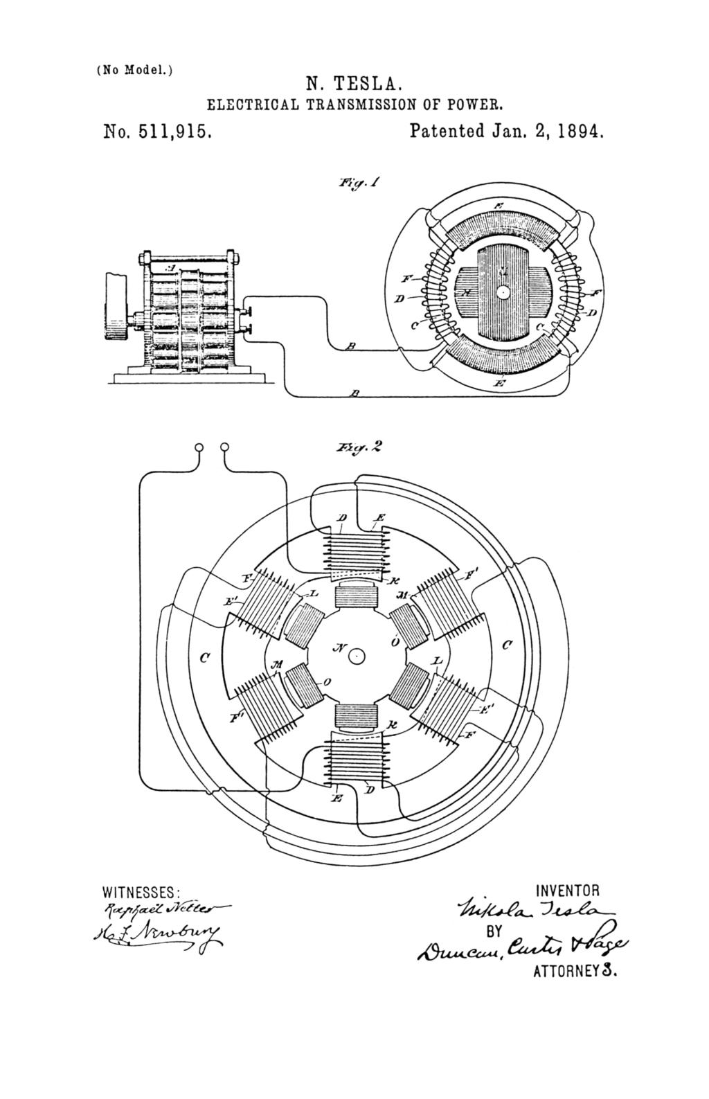 Nikola Tesla U.S. Patent 511,915 - Electrical Transmission of Power - Image 1