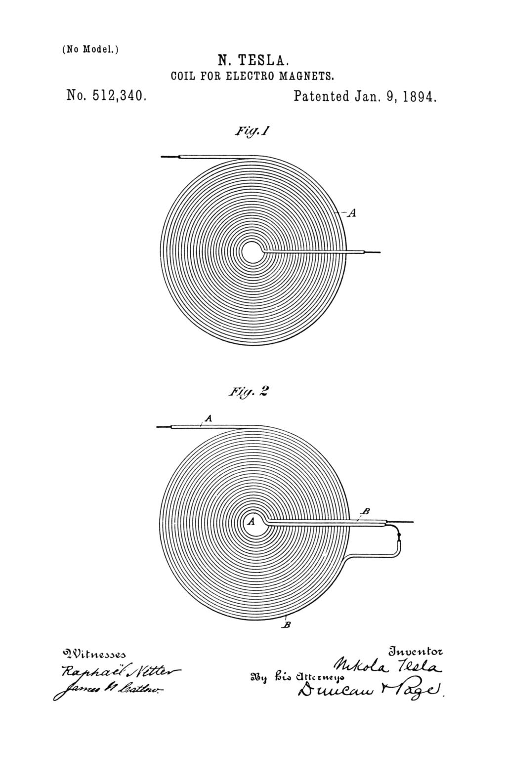 Nikola Tesla U.S. Patent 512,340 - Coil for Electro-Magnets - Image 1