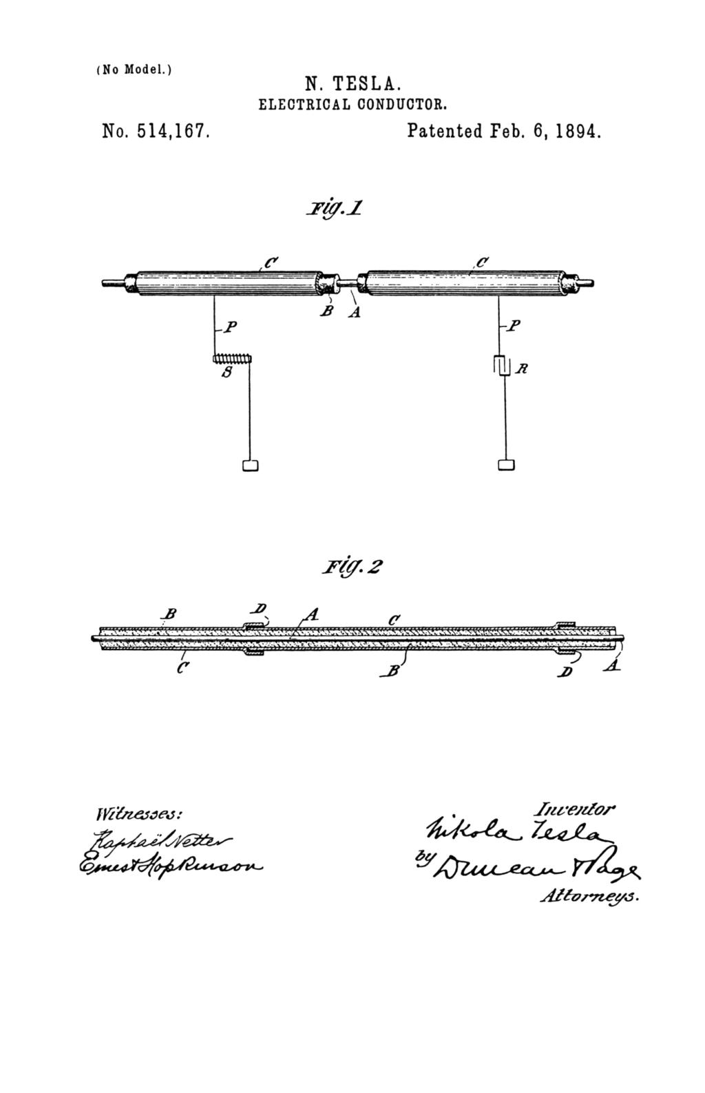 Nikola Tesla U.S. Patent 514,167 - Electrical Conductor - Image 1