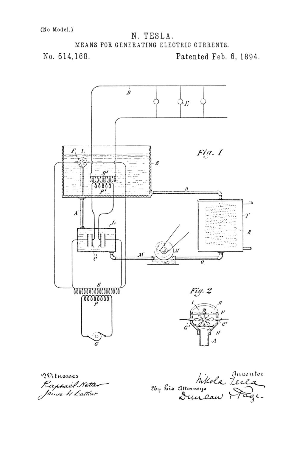 Nikola Tesla U.S. Patent 514,168 - Means for Generating Electric Currents - Image 1