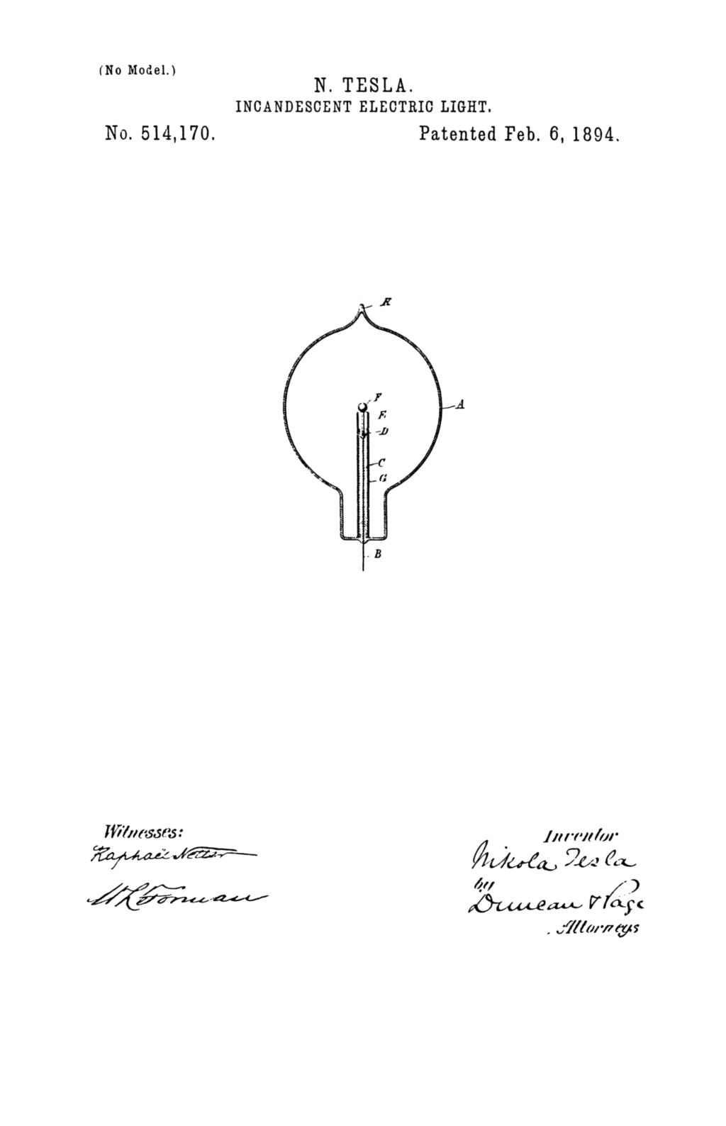 Nikola Tesla U.S. Patent 514,170 - Incandescent Electric Light - Image 1
