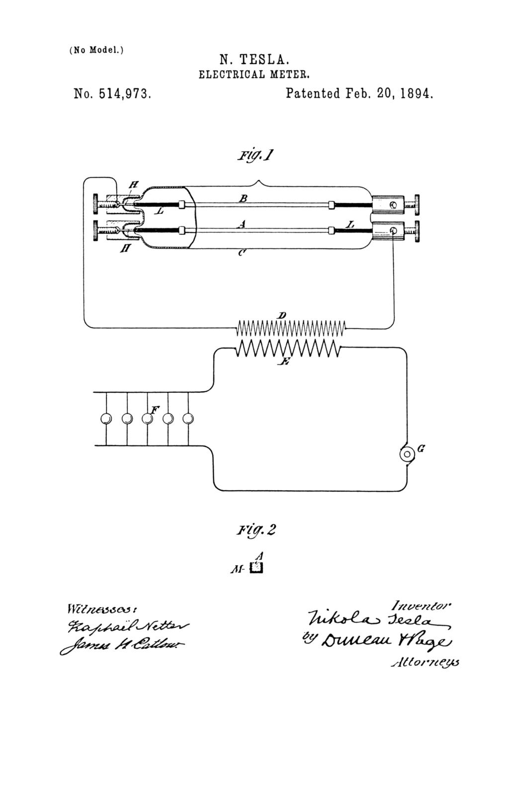Nikola Tesla U.S. Patent 514,973 - Electrical Meter - Image 1