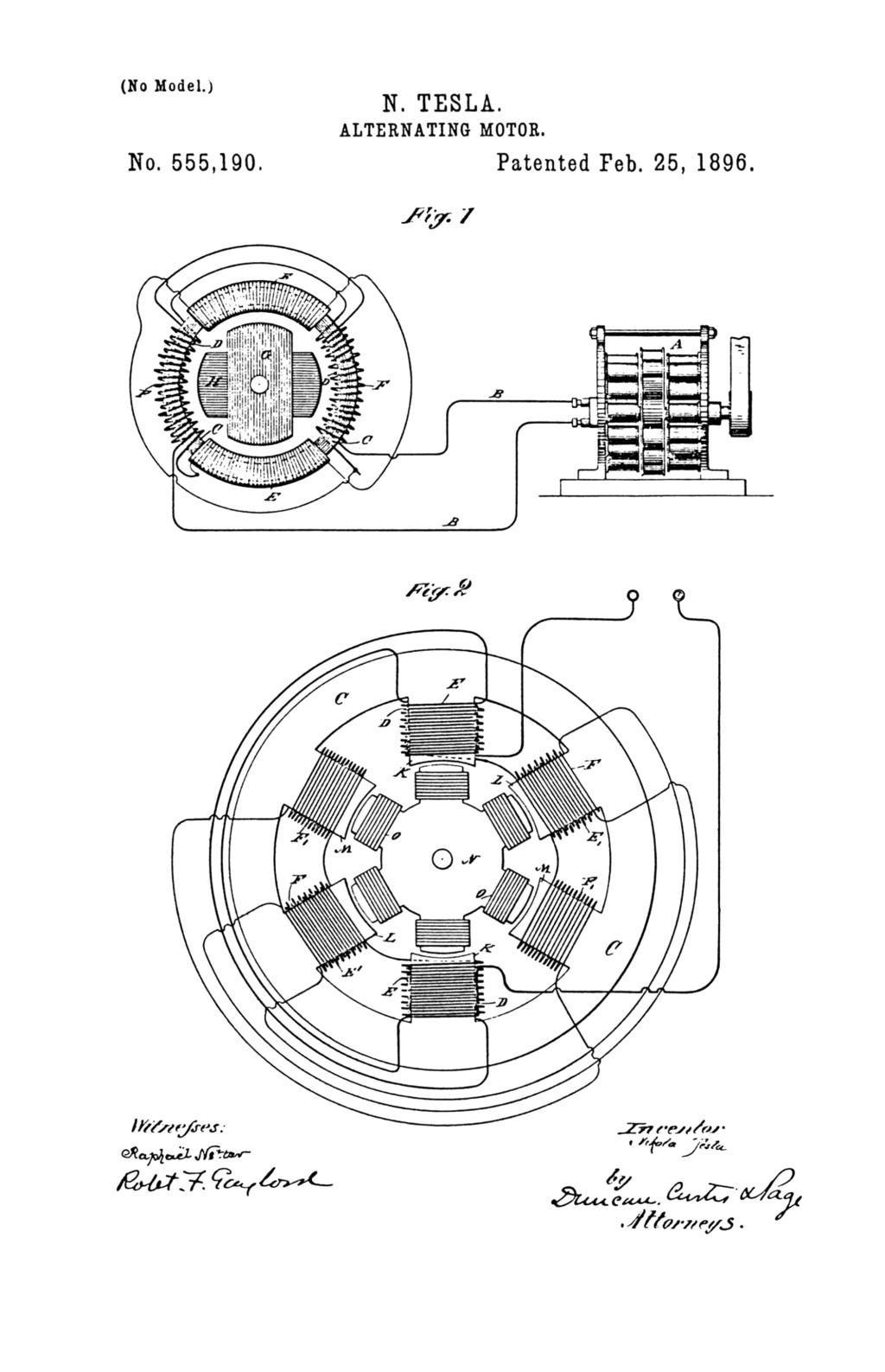 Nikola Tesla U.S. Patent 555,190 - Alternating Motor - Image 1