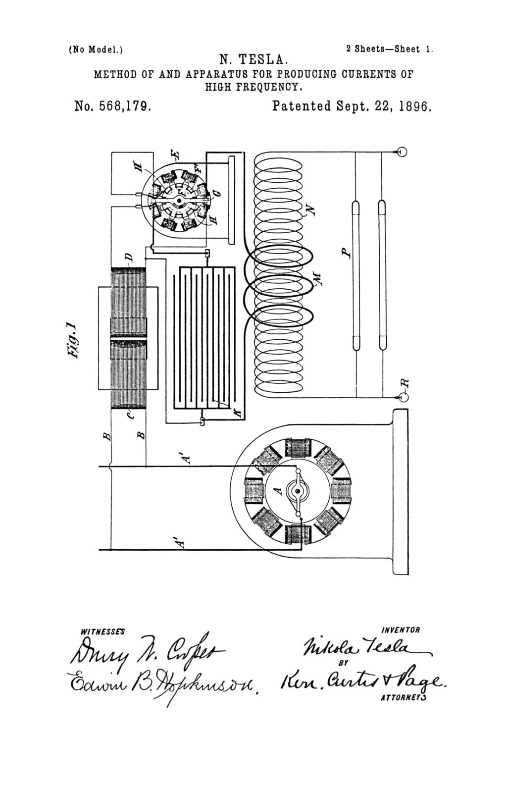 Nikola Tesla U.S. Patent 568,179 - Method of and Apparatus for Producing Currents of High Frequency - Image 1