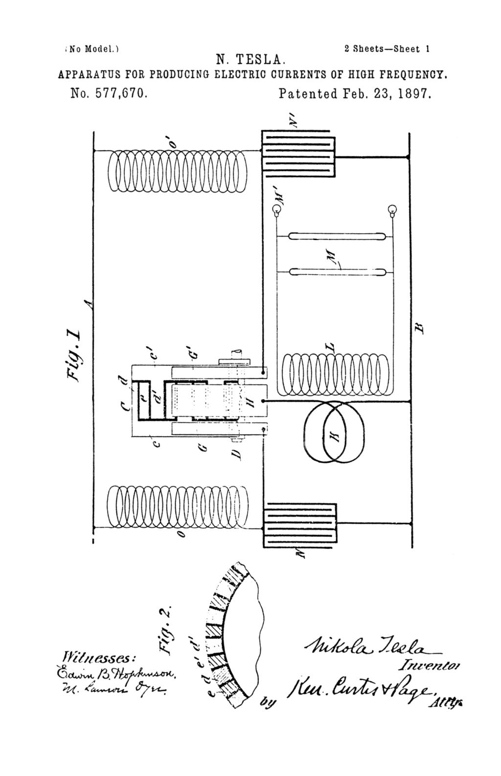 Nikola Tesla U.S. Patent 577,670 - Apparatus for Producing Electric Currents of High Frequency - Image 1