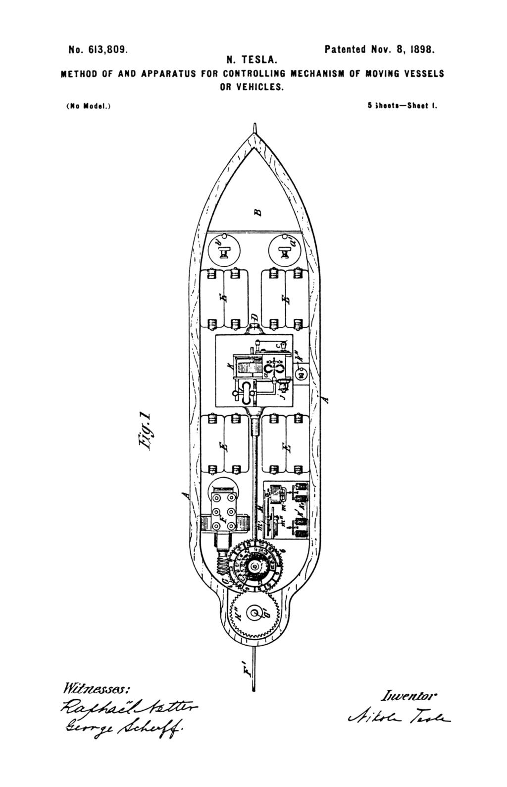 Nikola Tesla U.S. Patent 613,809 - Method of and Apparatus for Controlling Mechanism of Moving Vehicle or Vehicles - Image 1