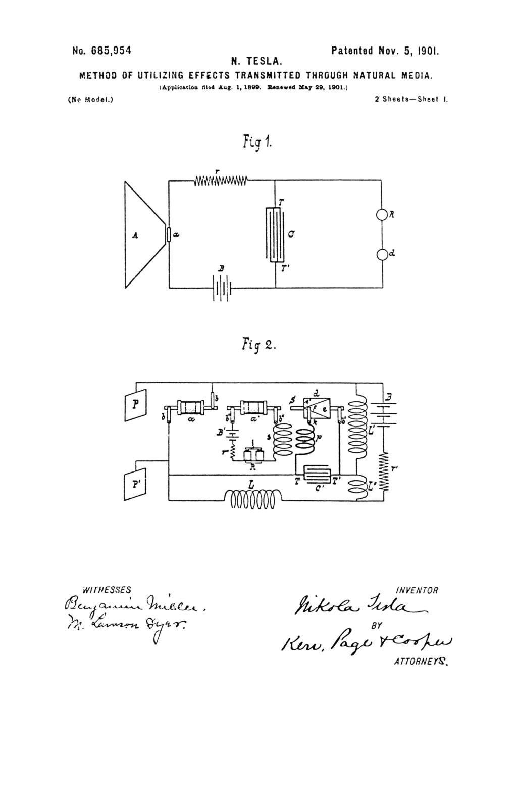 Nikola Tesla U.S. Patent 685,954 - Method of Utilizing Effects Transmitted through Natural Media - Image 1