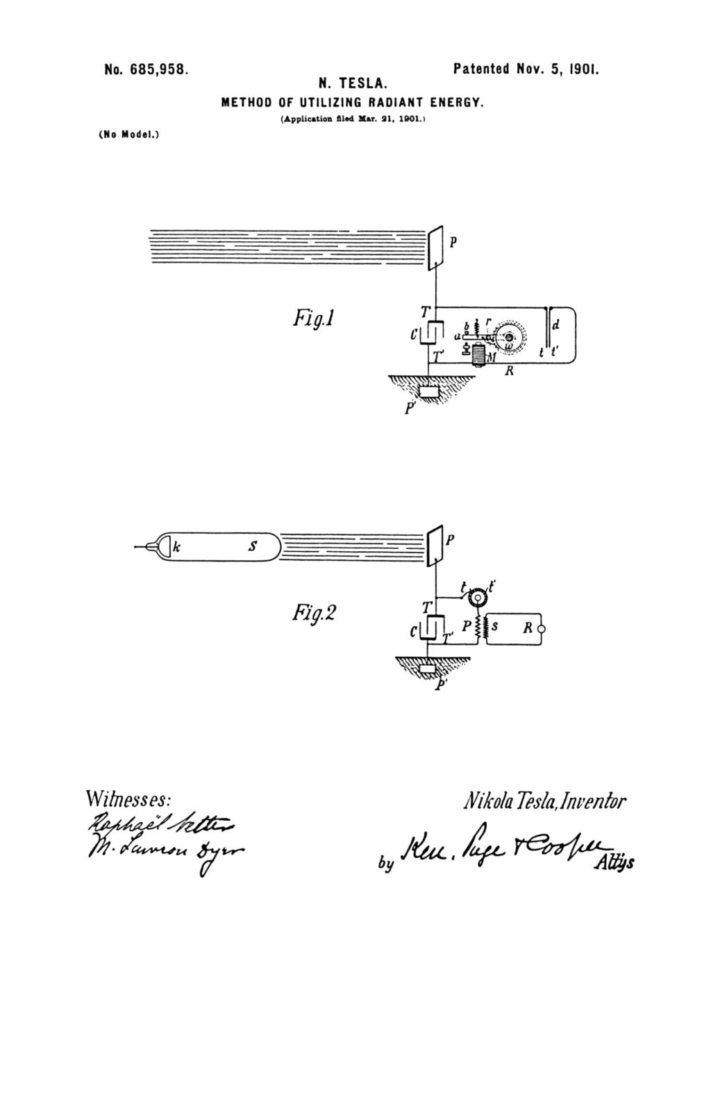 Nikola Tesla U.S. Patent 685,958 - Method of Utilizing of Radiant Energy - Image 1