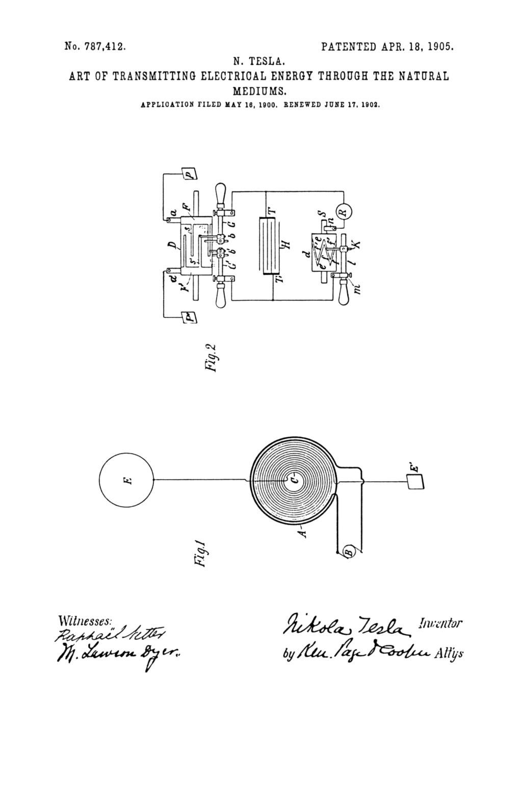 Nikola Tesla U.S. Patent 787,412 - Art of Transmitting Electrical Energy through the Natural Mediums - Image 1