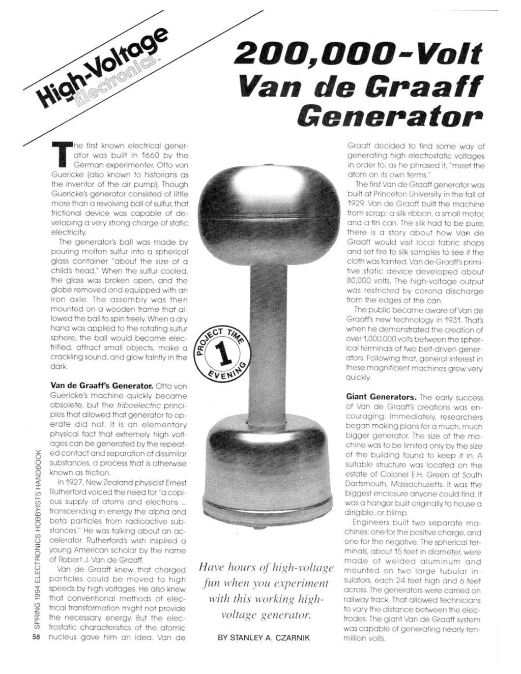Preview of 200,000-Volt Van de Graaff Generator plan