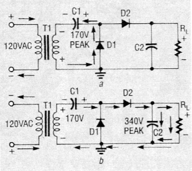 Half-wave voltage doubler circuit schematic diagram.