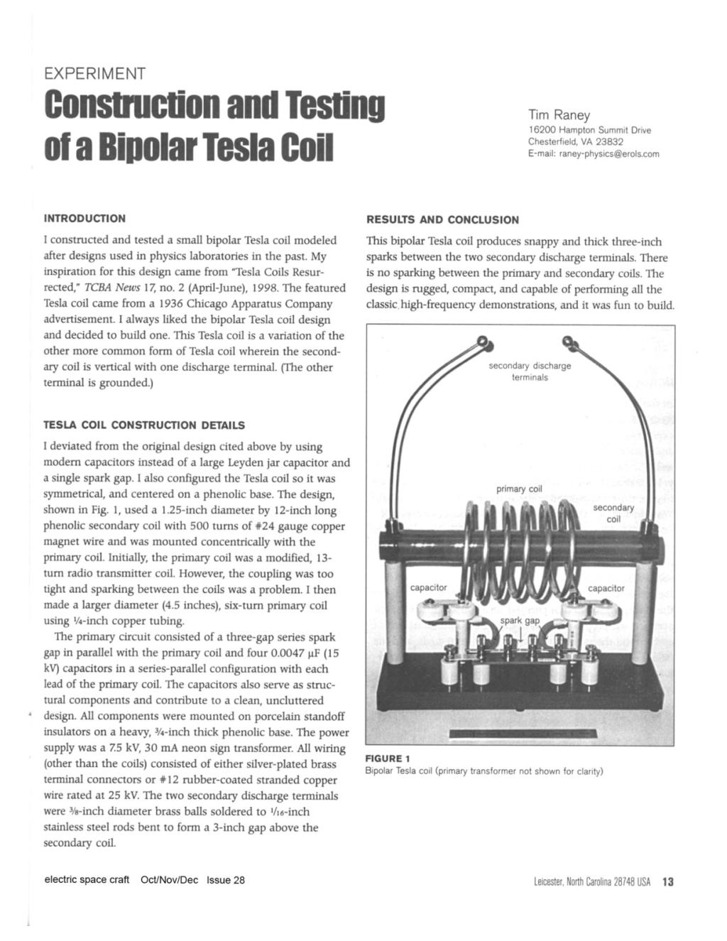 Preview of Construction and Testing of a Bipolar Tesla Coil plan