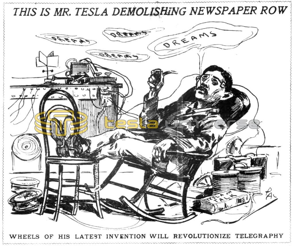 Illustration of Nikola Tesla Demolishing Newspaper Row