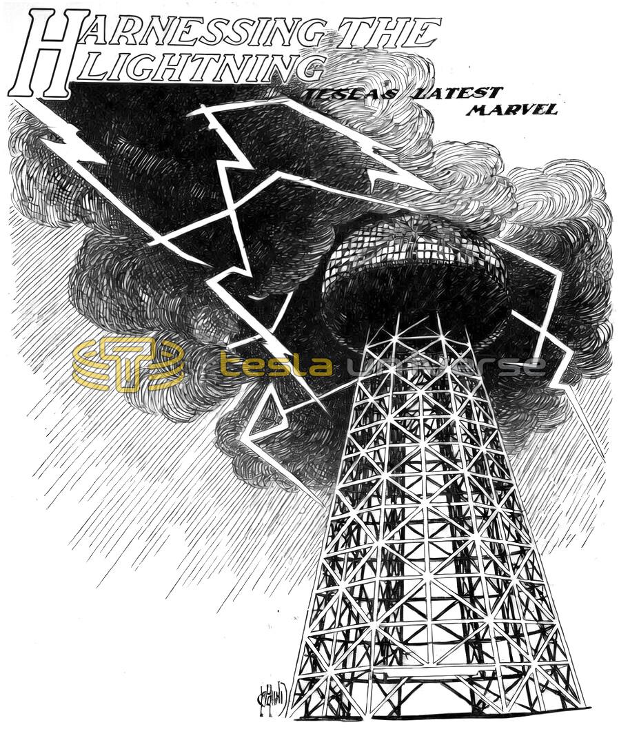 Drawing of Wardenclyffe Tower with Clouds and Lightning