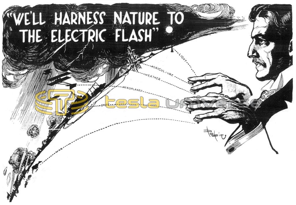 Illustration of Nikola Tesla harnessing nature through his fingertips
