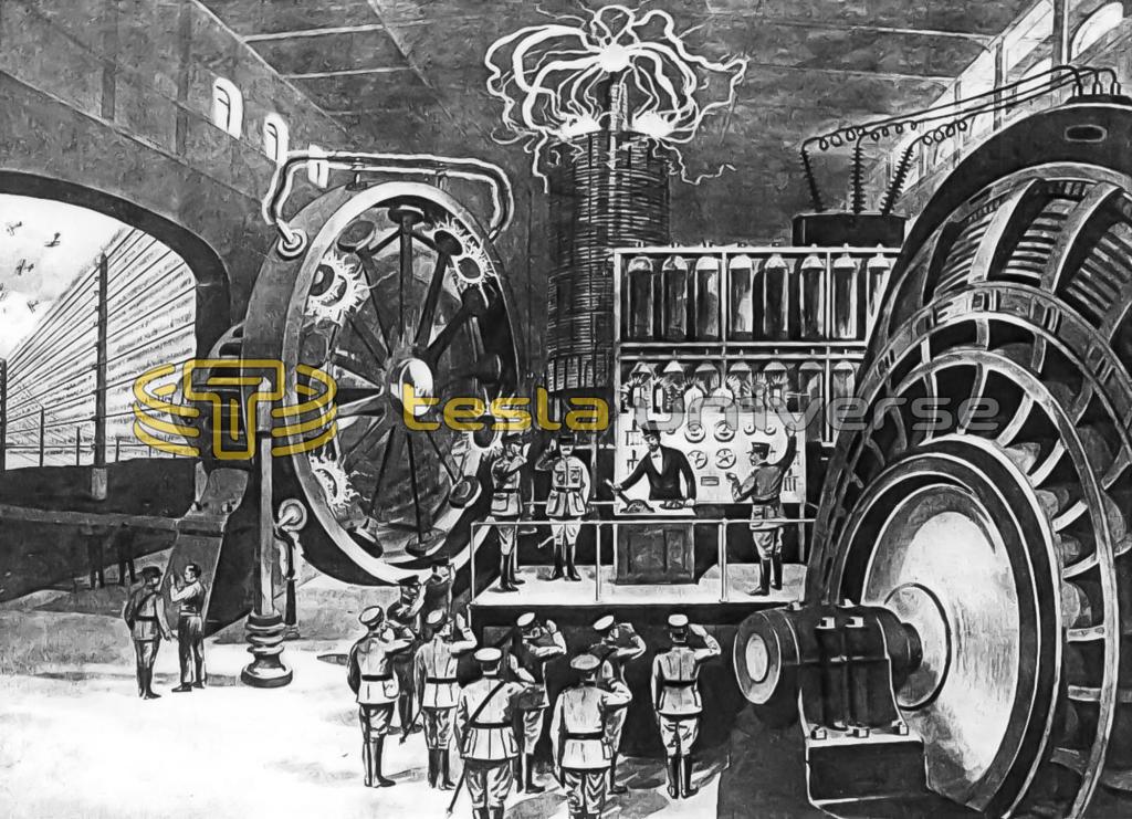 Illustration of a Large Power Plant and Tesla Coil