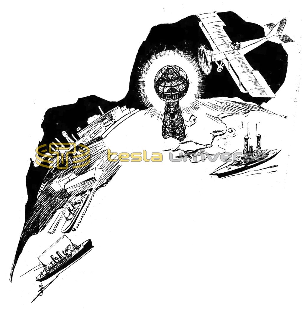 Illustration of Tesla's tower transmitting power to ships and planes