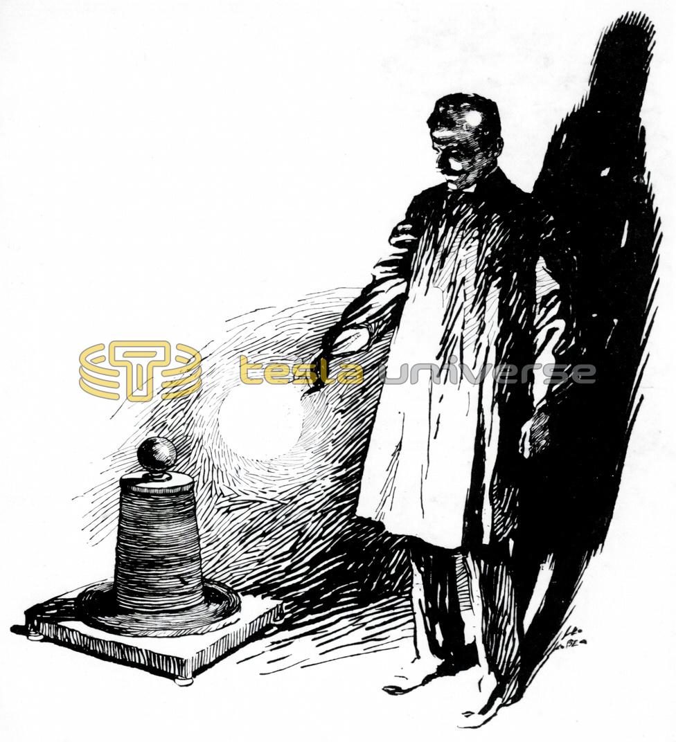 Drawing of Nikola Tesla Holding Bulb Near Tesla Coil