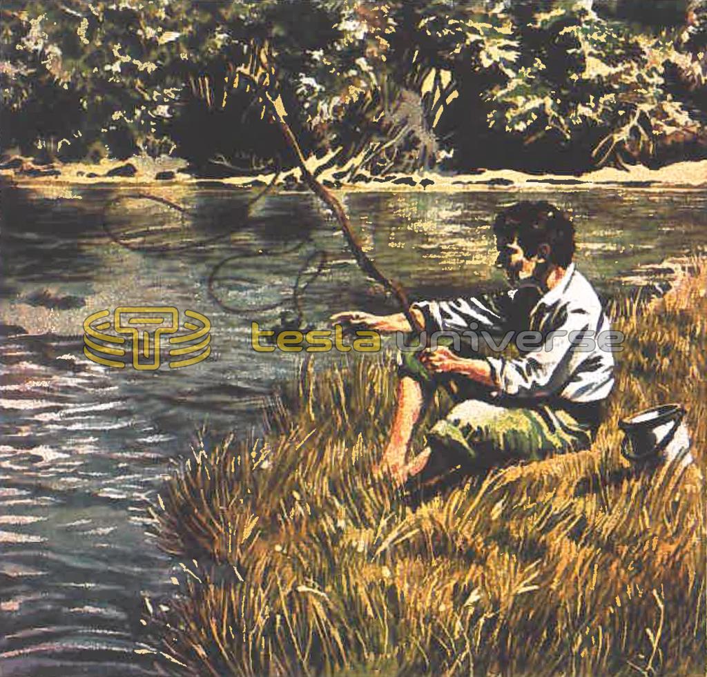 Illustration of Nikola Tesla fishing as a young man
