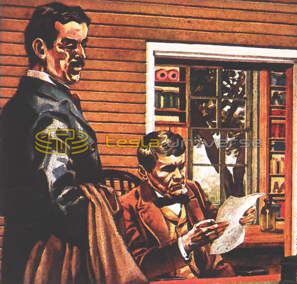 Illustration of Tesla presenting Edison with letter of recommendation
