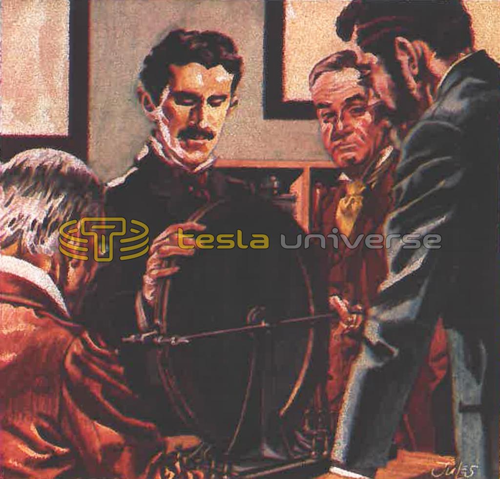 Illustration of Tesla with High-Frequency Alternator and Westinghouse Engineers